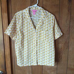 Isaac Mizrahi Sleepwear Women’s M Pajama Top Yellow Giraffe Print Button Front